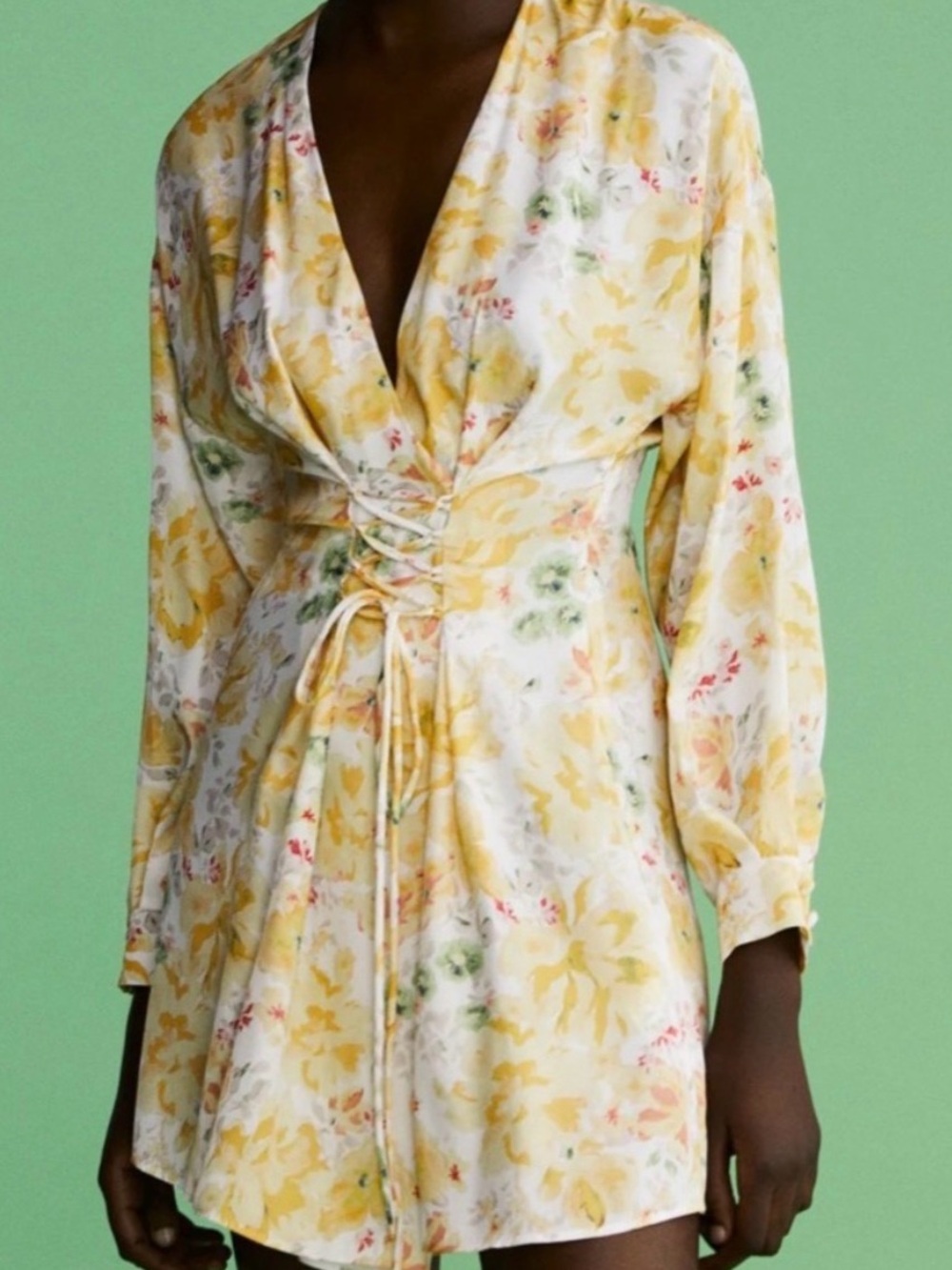 ZARA Yellow & White Blogger Fave Long Sleeve Floral Mini Corset Dress Small